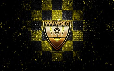 VVV-Venlo FC, logo glitter, Eredivisie, sfondo a scacchi giallo verde, calcio, squadra di calcio olandese, logo VVV-Venlo, arte del mosaico, VVV-Venlo