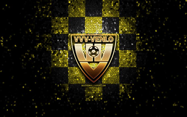 VVV-Venlo FC, glitter logo, Eredivisie, green yellow checkered background, soccer, Dutch football club, VVV-Venlo logo, mosaic art, football, VVV-Venlo