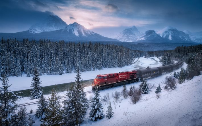Montagne Rocciose Canadesi, inverno, fiume Bow, sera, Bow Valley, tramonto, neve, foresta, Alberta, Canada, Parco Nazionale di Banff