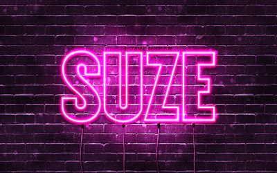 Suze, 4k, pap&#233;is de parede com nomes, nomes femininos, nome Suze, luzes de n&#233;on roxas, Feliz Anivers&#225;rio Suze, nomes femininos holandeses populares, foto com o nome Suze