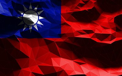 4k, bandeira de Taiwan, low poly art, pa&#237;ses asi&#225;ticos, s&#237;mbolos nacionais, Bandeira de Taiwan, arte 3D, Taiwan, &#193;sia, bandeira de Taiwan 3D