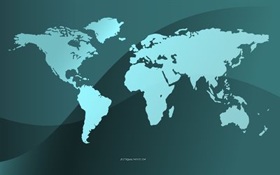 mapa del mundo, 4k, mapa del mundo azul, fondo azul, conceptos del mapa del mundo, todos los continentes