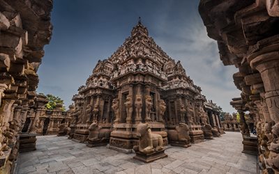 Temple Kailasanathar, Kanchipuram, temple hindou, ancien temple, soir&#233;e, monument, Tamil Nadu, Inde