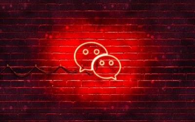 Log&#243;tipo WeChat vermelho, 4k, parede de tijolos vermelhos, log&#243;tipo WeChat, redes sociais, log&#243;tipo WeChat neon, WeChat