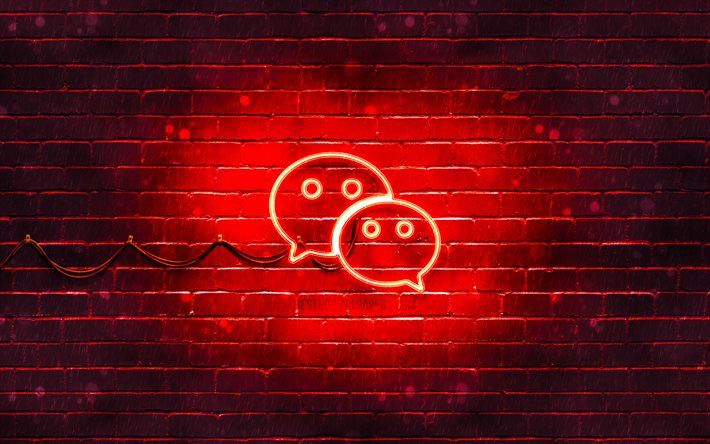 Logo rouge WeChat, 4k, mur de briques rouge, logo WeChat, r&#233;seaux sociaux, logo n&#233;on WeChat, WeChat