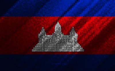 flagge von kambodscha, mehrfarbige abstraktion, kambodscha mosaikflagge, kambodscha, mosaikkunst, kambodscha flagge