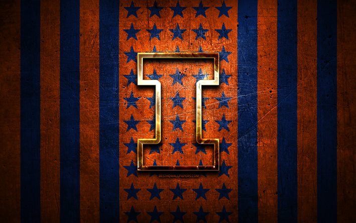 Illinois Fighting Illini bandiera, NCAA, sfondo arancione blu metallico, squadra di football americano, Illinois Fighting Illini logo, USA, football americano, logo dorato, Illinois Fighting Illini