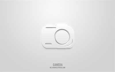 kamera-3d-symbol, wei&#223;er hintergrund, 3d-symbole, kamera, service-symbole, kamera-zeichen, fotografie-3d-symbole