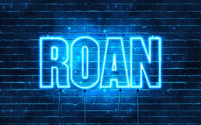 Roan, 4k, fonds d&#39;&#233;cran avec des noms, nom Roan, n&#233;ons bleus, joyeux anniversaire Roan, noms masculins n&#233;erlandais populaires, photo avec nom Roan