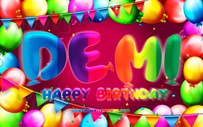 誕生日おめでとう, 4k, カラフルなバルーンフレーム, デミ名, 紫色の背景, デミ誕生日, 人気のアメリカ人女性の名前, 誕生日のコンセプト, デミQFontDatabase