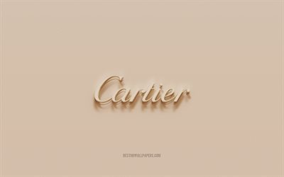 Cartier logo, fondo de yeso marr&#243;n, Cartier 3d logo, marcas, emblema Cartier, arte 3d, Cartier