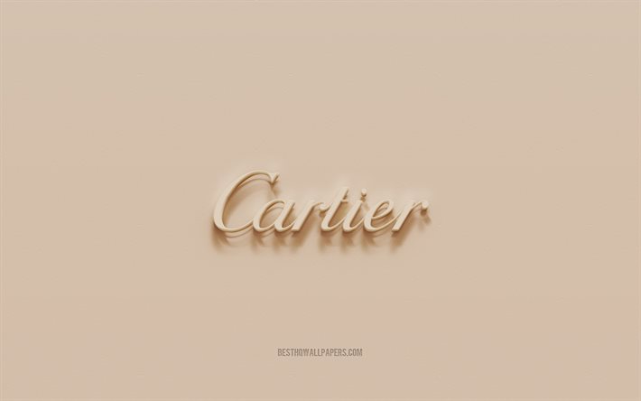cartier logo, brauner gips hintergrund, cartier 3d logo, marken, cartier emblem, 3d kunst, cartier
