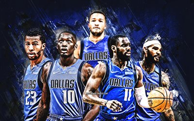Dallas Mavericks, amerikkalainen koripallojoukkue, NBA, sininen kivi tausta, koripallo, Tim Hardaway, James Johnson, Joshua Richardson