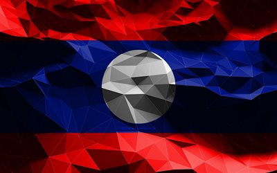 4k, bandeira do Laos, arte low poly, pa&#237;ses asi&#225;ticos, s&#237;mbolos nacionais, Bandeira do Laos, arte 3D, Laos, &#193;sia, bandeira 3D do Laos