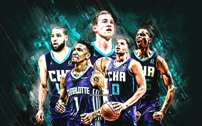 Charlotte Hornets, amerikanskt basketlag, NBA, lila sten bakgrund, basket, USA, LaMelo Ball, Gordon Hayward, Malik Monk