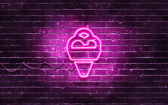Icona al neon gelato, 4K, sfondo viola, simboli al neon, gelato, icone al neon, segno di gelato, segni di cibo, icona di gelato, icone di cibo