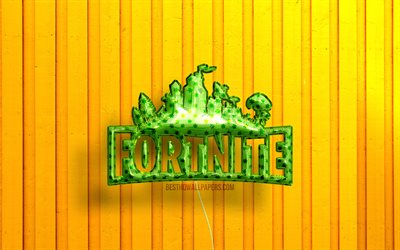 Logo 3D Fortnite, 4K, palloncini realistici verdi, sfondi in legno gialli, logo Fortnite, creativo, Fortnite