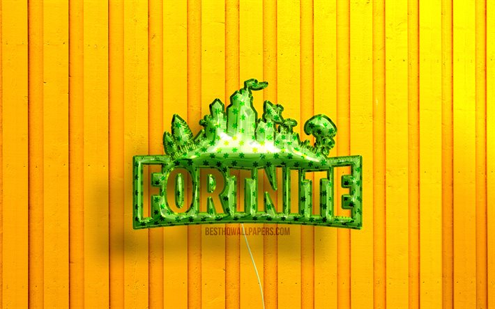 Logotipo de Fortnite 3D, 4K, globos realistas verdes, fondos de madera amarillos, logotipo de Fortnite, creativo, Fortnite