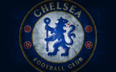 Chelsea FC, club de football anglais, fond de pierre bleue, logo Chelsea FC, art grunge, Premier League, football, Angleterre, embl&#232;me du Chelsea FC