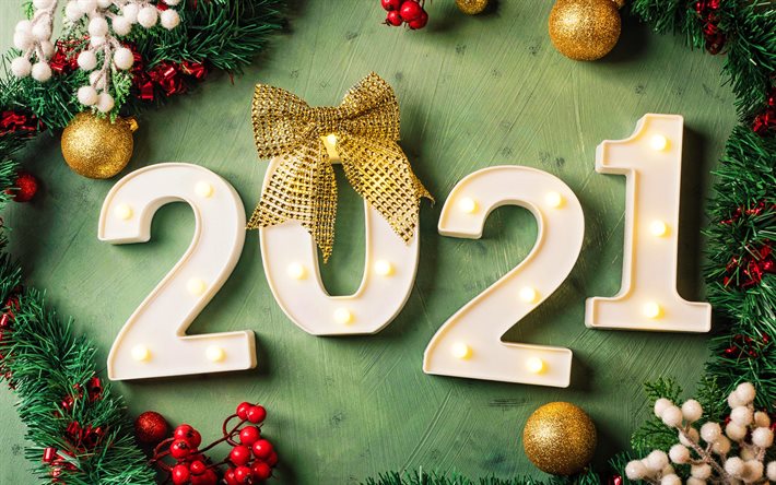 Anno nuovo 2021, cornice di abete, cifre 3D 2021, palline di Natale, concetti 2021, 2021 su sfondo verde, cifre anno 2021, Felice anno nuovo 2021