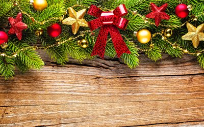 4k, クリスマスの装飾, 木製の背景, 星, 新年あけましておめでとうございます, モミの木のフレーム, クリスマスボール, メリークリスマス, 新年のコンセプト, クリスマスのオーナメント