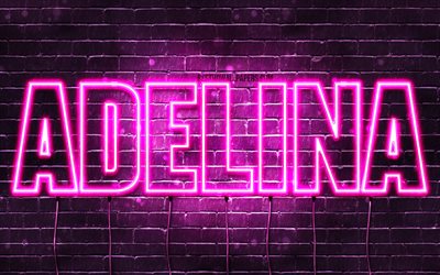 Adelina, 4k, wallpapers with names, female names, Adelina name, purple neon lights, horizontal text, picture with Adelina name