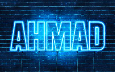 Ahmad, 4k, taustakuvia nimet, vaakasuuntainen teksti, Ahmad nimi, blue neon valot, kuva Ahmad nimi
