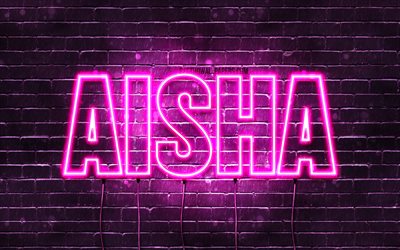Aisha, 4k, fondos de pantalla con los nombres, los nombres femeninos, Aisha nombre, p&#250;rpura luces de ne&#243;n, el texto horizontal, imagen con el nombre de Aisha