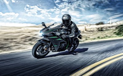 2020, Kawasaki Ninja H2, ulkoa, sivukuva, urheilu pyörä, uusi musta vihreä Ninja H2, Japanilaiset moottoripyörät, Kawasaki