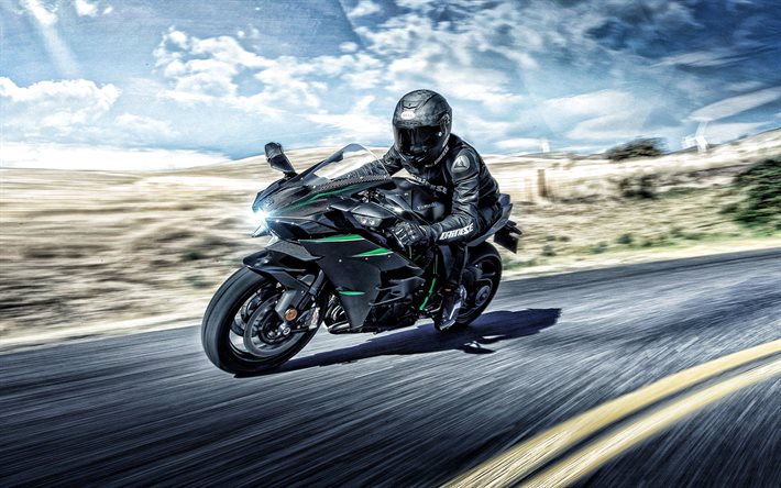 En 2020, la Kawasaki Ninja H2, &#224; l&#39;ext&#233;rieur, vue lat&#233;rale, v&#233;lo sport, de la nouvelle-noir-vert-Ninja H2, Japonais de motos, Kawasaki