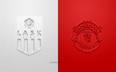 LASK vs Manchester United FC, UEFA Avrupa Ligi, 3D logoları, promosyon malzemeleri, 2020 Avrupa Ligi, beyaz-kırmızı arka plan, Avrupa Ligi, futbol ma&#231;ı, LASK, Manchester United FC