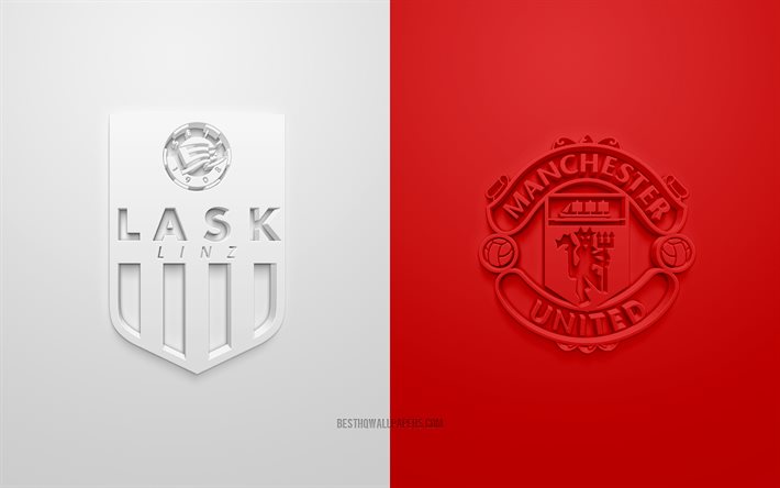 LASK vs Manchester United FC, de l&#39;UEFA Europa League, logos 3D, de mat&#233;riel promotionnel, de la Ligue Europa 2020, blanc sur fond rouge, Europa League, match de football, LASK, Manchester United FC