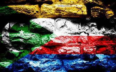Comoros flag, grunge brick texture, Flag of Comoros, flag on brick wall, Comoros, flags of Africa countries