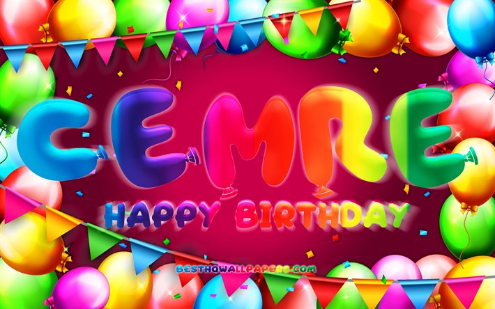 お誕生日おめでCemre, 4k, カラフルバルーンフレーム, Cemre名, 紫色の背景, Cemreお誕生日おめで, Cemre誕生日, 人気のトルコの女性の名前, 誕生日プ, Cemre