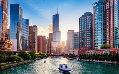 Chicago River, modern buildings, american cities, Illinois, Chicago, America, Chicago at summer, USA, City of Chicago, Cities of Illinois