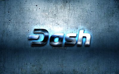 Dash metal logo, grunge, cryptocurrency, blue metal background, Dash, creative, Dash logo
