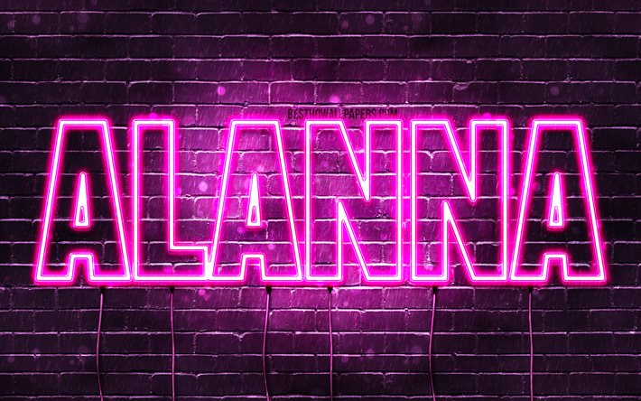 Alanna, 4k, wallpapers with names, female names, Alanna name, purple neon lights, horizontal text, picture with Alanna name