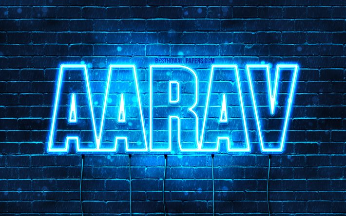 Aarav, 4k, tapeter med namn, &#246;vergripande text, Aarav namn, bl&#229;tt neonljus, bild med Aarav namn