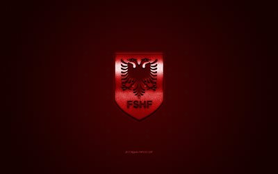 Albania national football team, emblem, UEFA, red logo, red carbon fiber background, Albania football team logo, football, Albania