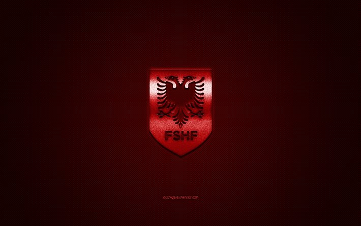 Albania national football team, emblem, UEFA, red logo, red carbon fiber background, Albania football team logo, football, Albania