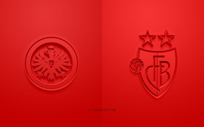 Eintracht Frankfurt vs FC Basel, UEFA Europa League, 3D logos, promotional materials, Europa League 2020, red background, Europa League, football match, Eintracht Frankfurt, FC Basel