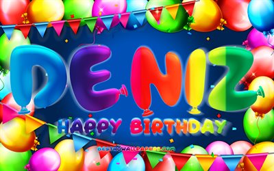 Happy Birthday Deniz, 4k, colorful balloon frame, Deniz name, blue background, Deniz Happy Birthday, Deniz Birthday, popular turkish male names, Birthday concept, Deniz