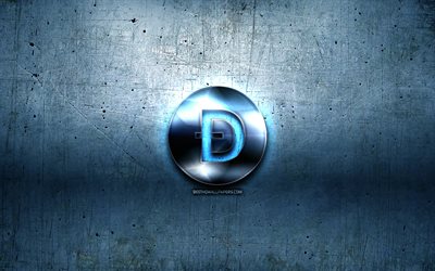 Dogecoin metal logo, grunge, cryptocurrency, mavi metal arka plan, Dogecoin, yaratıcı, Dogecoin logosu