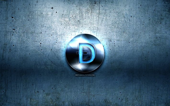 Dogecoin metal logo, grunge, cryptocurrency, mavi metal arka plan, Dogecoin, yaratıcı, Dogecoin logosu