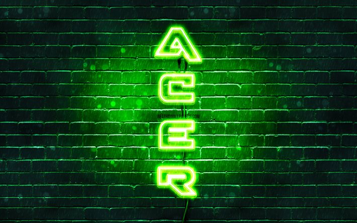 4K, Acer green logo, vertical text, green brickwall, Acer neon logo, creative, Acer logo, artwork, Acer