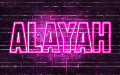 Alayah, 4k, wallpapers with names, female names, Alayah name, purple neon lights, horizontal text, picture with Alayah name