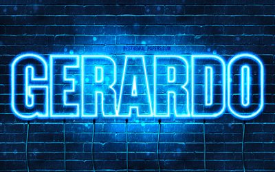 Gerardo, 4k, taustakuvia nimet, vaakasuuntainen teksti, Gerardo nimi, blue neon valot, kuva Gerardo nimi
