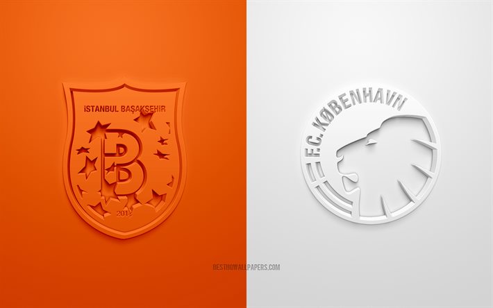 Istanbul Basaksehir vs FC Copenhague, la UEFA Europa League, logos en 3D, materiales de promoci&#243;n, de la Liga Europa 2020, naranja, fondo blanco, Europa League, partido de f&#250;tbol, Istanbul Basaksehir, el FC Copenhague