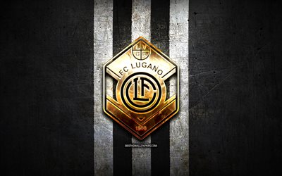 FC Lugano, golden logo, Swiss Super League, black metal background, football, Lugano FC, swiss football club, Lugano logo, soccer, Switzerland