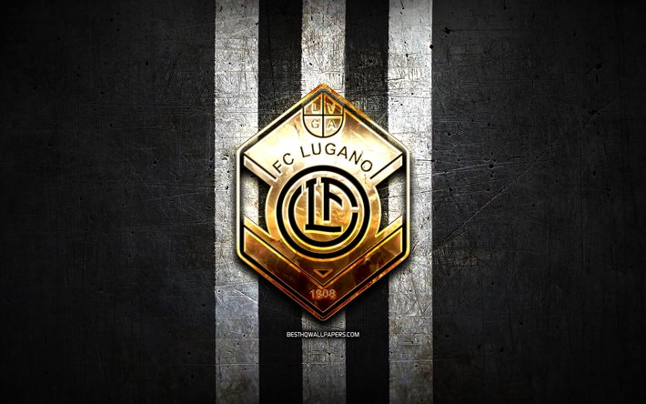 fc lugano, golden logo, schweizer super league, black-metal-hintergrund, fu&#223;ball, der schweizer fu&#223;ball-club, lugano-logo, fussball, schweiz